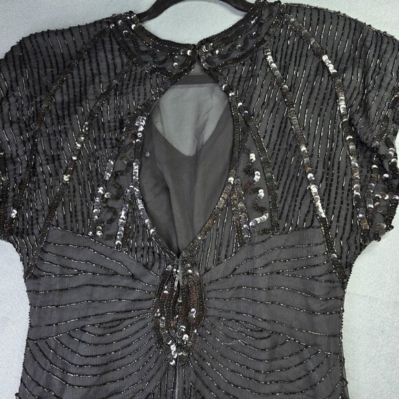 Vintage Pantagis Dress Womens Medium Black Silk Sequin Beaded Art Deco 80s Glam - Picture 7 of 14